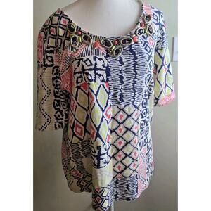 Ruby Rd Womens Ladies Multicolor Print Short Sleeve Beaded Top Size XL EUC